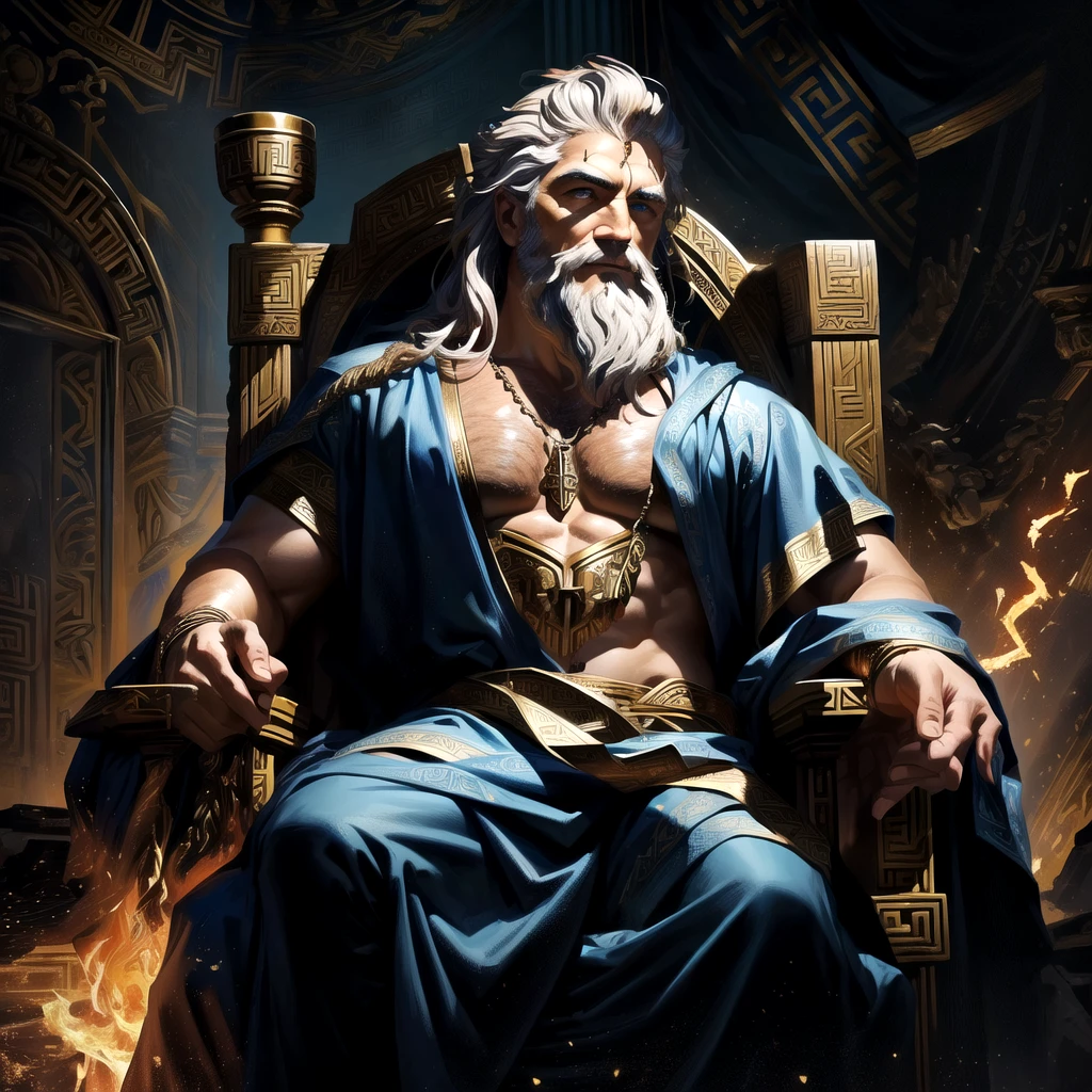 arafed image of a man sitting in a throne with a fire in his hand, furious god zeus, the god zeus, the god hades, epic scene of zeus, greek god, the god poseidon, ancient god, painted portrait of rugged zeus, ancient blacksmith god, father time, the god hephaestus, greek myth digital painting, norse god