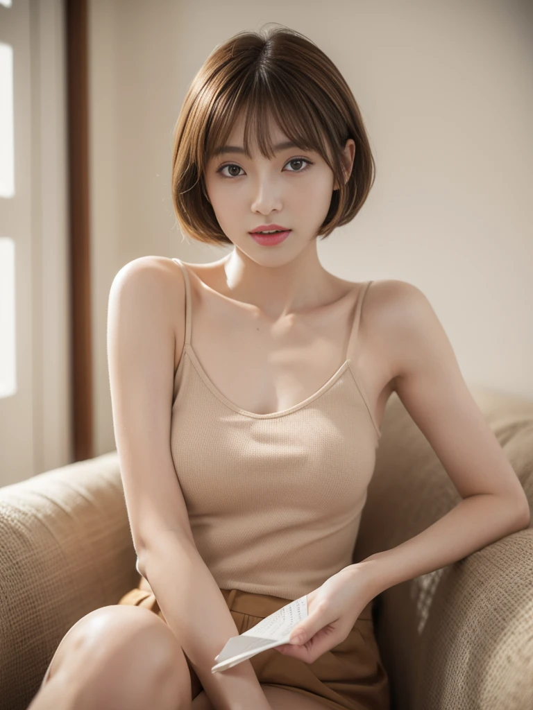 (8K, RAW Photos, Highest quality, masterpiece:1.2), (Realistic, photo-Realistic:1.4), (非常に詳細な 8K 壁紙), Famous Japanese Idols, 20 year old girl, Korean Model, Narrow Face, Detailed face, Perfect female body, Toned Up, Medium Short Hair, Messy Hair, Blunt bangs, Light brown hair, camisole, Happiness like a goddess,