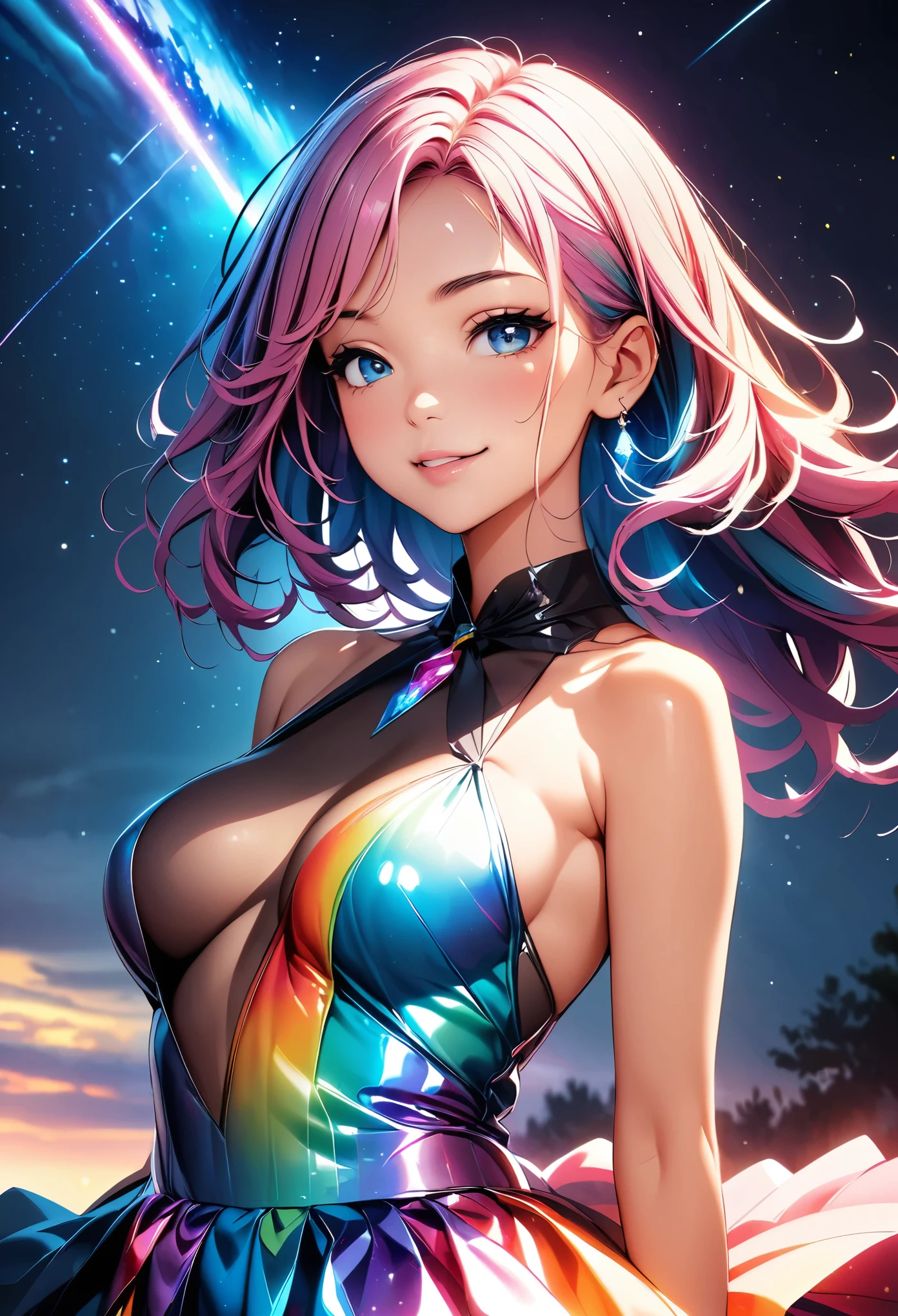 A woman wearing a shooting star dress, (((1 Girl))), JK, thin film interference, Rainbow Dress, Sheer dress, Shine bright, Sexy curves, Colorful hair colors, Glossy, Lips slightly open, Sigh, Mischievous Smile, Shiny Hair, Beautiful Skin, Detailed face and eyes, Glossy Lips, Cinematic, Bright colors, Intricate details, Chiaroscuro lighting, milky way, Starry sky background, Light and shadow with attention to detail, Background Blur, (Highest quality:1.24, Very detailed, Delicate and beautiful CG art, Detailed illustration, High detail, masterpiece:1.2, Highest quality, Best aesthetics).