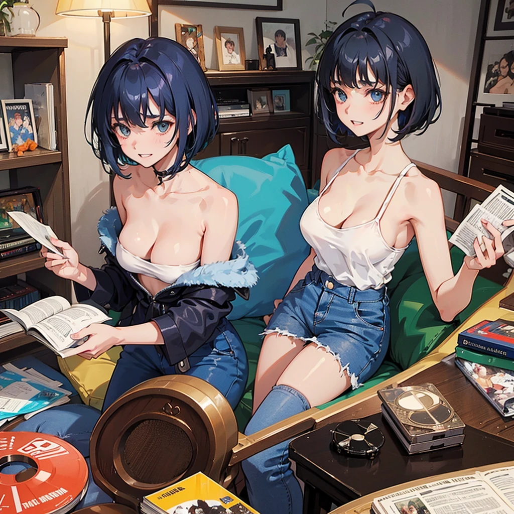 Highest quality, One girl, ((View your viewers)), Dark blue hair, Iris, Very short hair, Spiky Hair, Ahoge, T-Shirts, High Waist Jeans, 171cm, Messy Hair, Hair between the eyes, Medium chest, Large Breasts, plump, Dark Skin, Tomboy, Adult, 20-year-old, One girl, alone, only, Grin, Wide Hips, Thighs, Are standing, Messy room, Bedroom, shelf, dvd, Book, video game, computer, cd, record, VHS Tape,