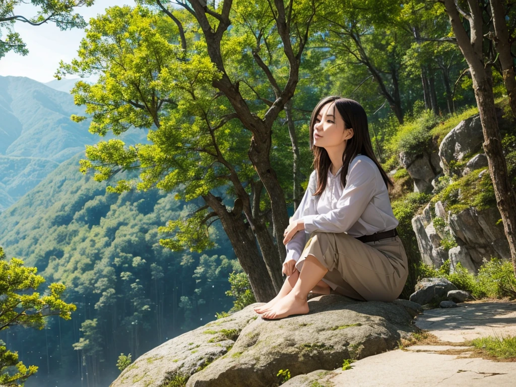 Woman sitting on rock 、Beautiful forest, high mountains of the Alps, one bird
