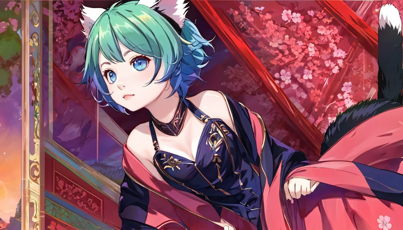 Blue-green hair　girl　Blue Eyes　Short Hair　Red panda stuffed toy　Second Dimension　anime　Chivalry　An illustration　vtuber 　Beautiful breasts