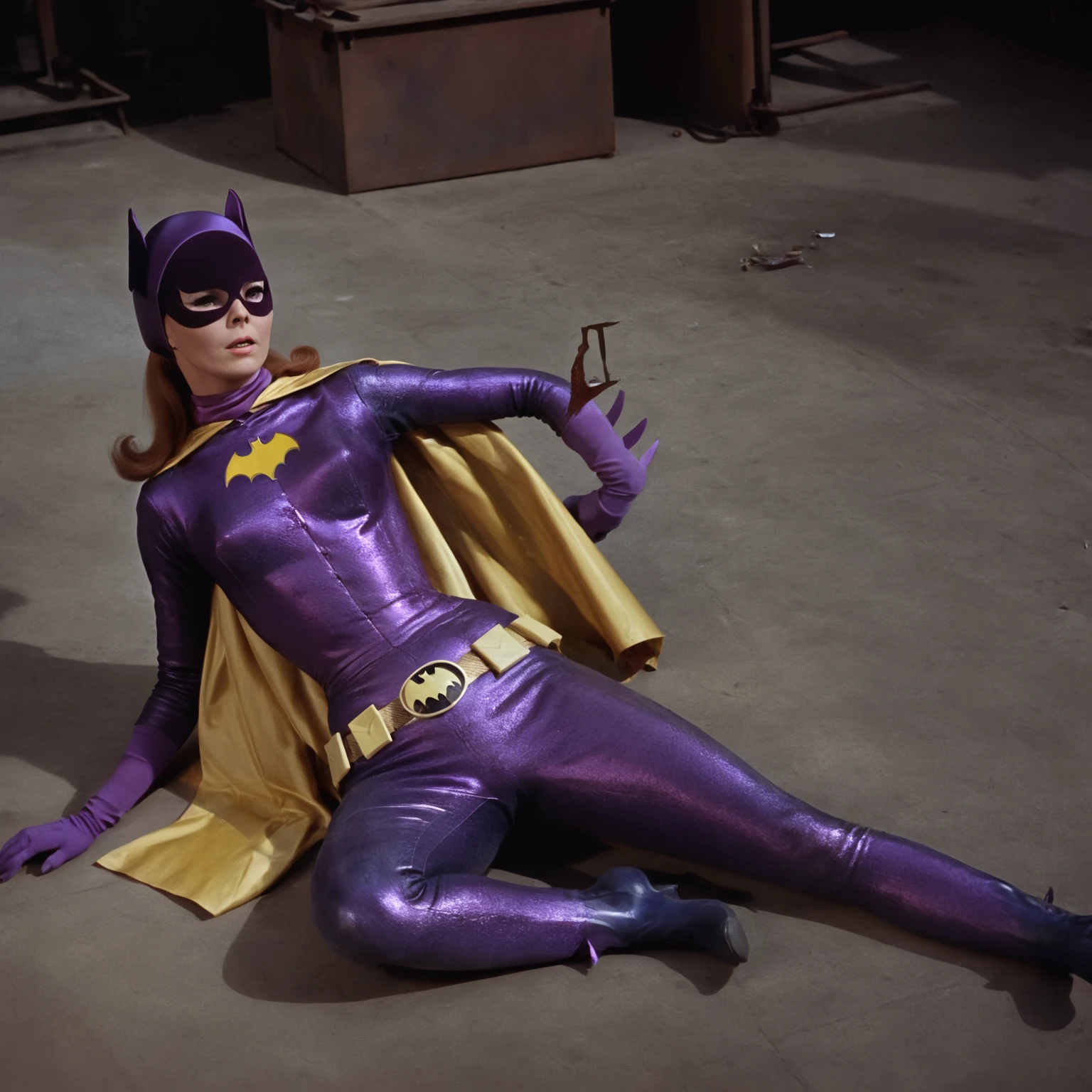 yvonne craig woman, defeated on a factory, her body leans foward, she is in pain , 60's style, analog film, snapshot, film grain