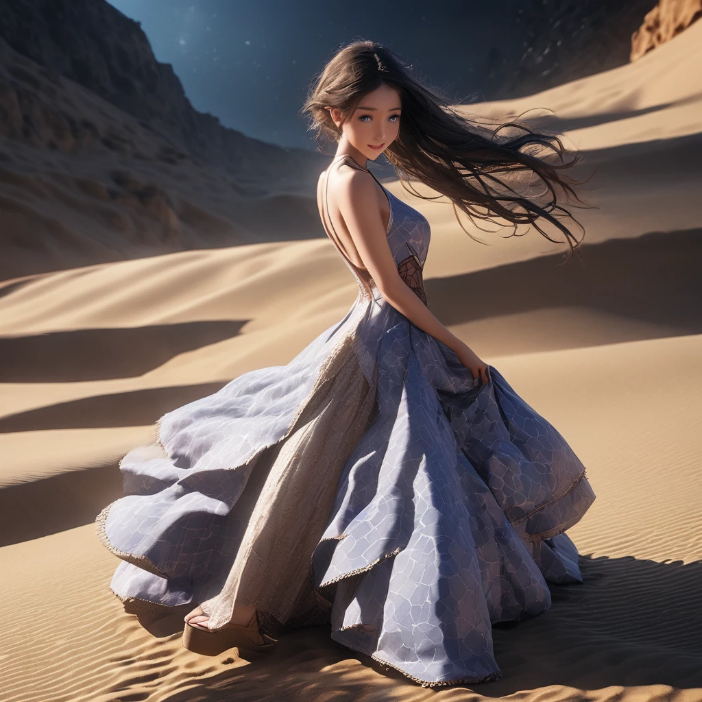 (masterpiece, photo_real, octane-render):1.4, magnificent view, far away light,whole surface lake, sand dunes (Tottori:1.3), (sand ripples:0.95), fantastic, gentle breeze, Dazzling Atmosphere, 1 goddess, (detailed large indigo eyes:1.2), (perfect hands), Back view of girl standing on Center of sand dunes, from back, smile, (in Indigo arabesque pattern beige bare_shoulders combination panel dress), dense and delicate clothes, beautiful breasts, wedge sandals, playful, (flinching hair), (Detailed black long hair):1.21, beautiful nape, diffused natural skin glow, (subjective perspective),  heavenly stars,  (dim light, light-shadow symmetry, Faintly emerge from the darkness