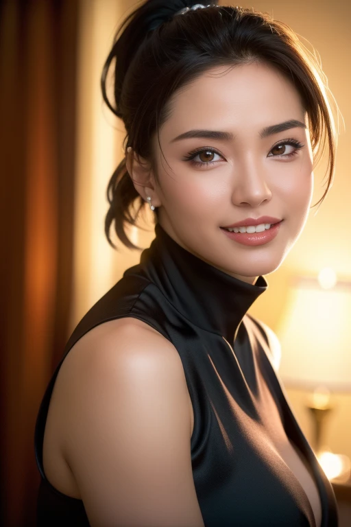 a gorgeous busty woman, ponytail, lady fighter, beautiful detailed smile, beautiful detailed teeth, POV, lover, cinematic dramatic lighting, (best quality,4k,8k,highres,masterpiece:1.2),ultra-detailed,(realistic,photorealistic,photo-realistic:1.37),HDR,UHD,studio lighting,ultra-fine painting,sharp focus,physically-based rendering,extreme detail description,professional,vivid colors,bokeh,portrait,photorealistic,cinematic