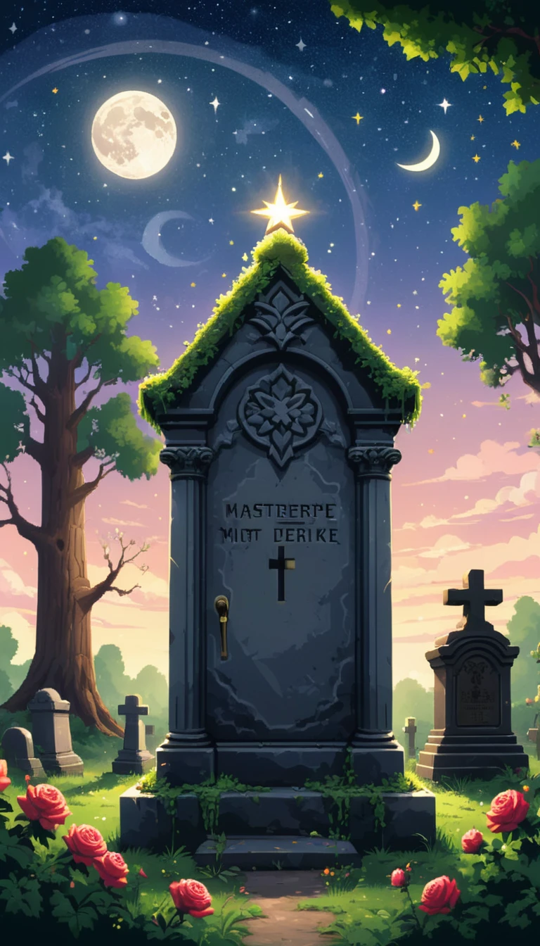 Bright Epic Pro (cute cartoon pixel illustration:1.2), (Masterpiece in maximum 16K resolution, excellent quality, extremely detail:1.3), Rose Straus, standing next to a large gravestone, in the middle of a forest cemetery, sparkles, Starry night with crescent moon.