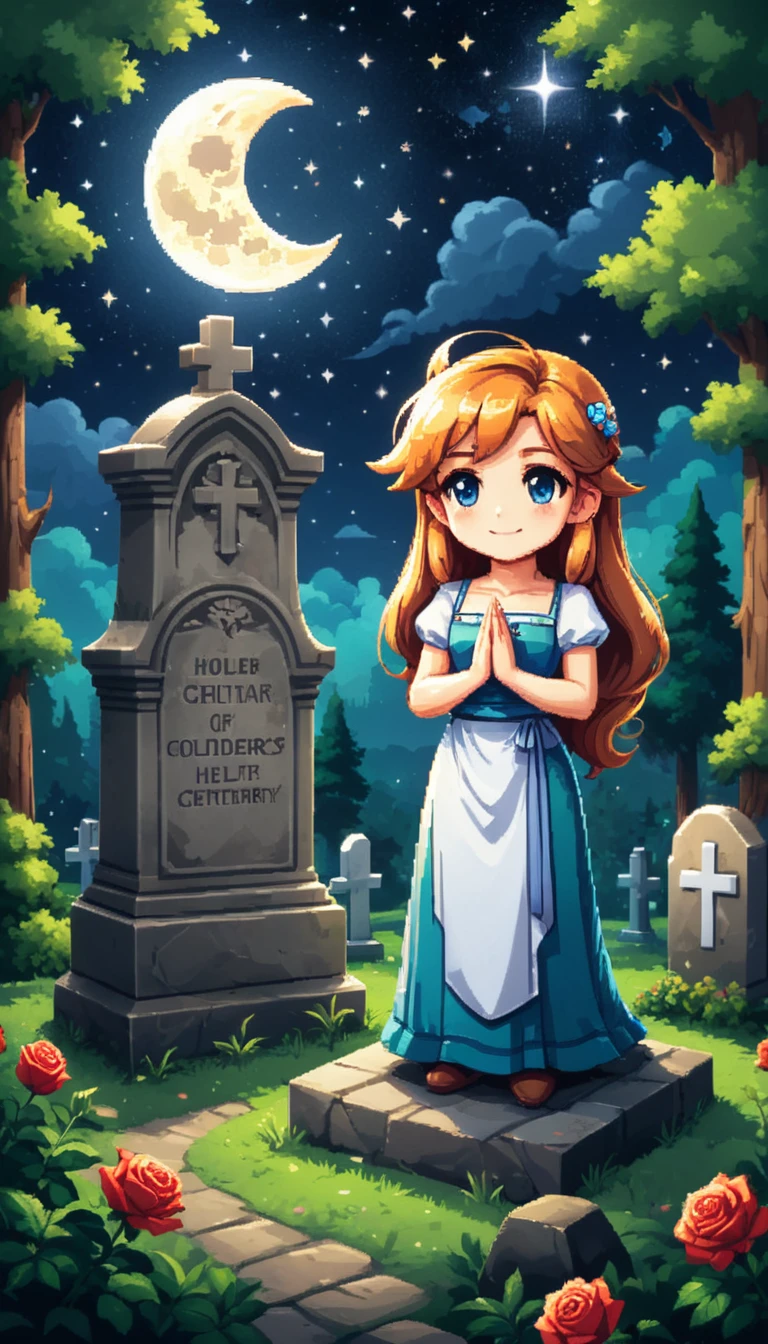 Bright Epic Pro (cute cartoon pixel illustration:1.2), (Masterpiece in maximum 16K resolution, excellent quality, extremely detail:1.3), Rose Straus, standing next to a large gravestone, in the middle of a forest cemetery, sparkles, Starry night with crescent moon.