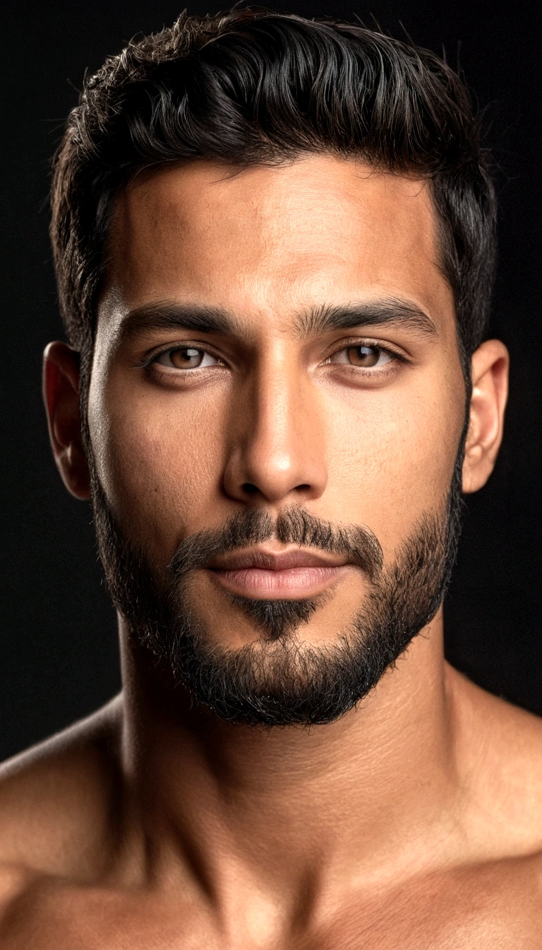 Portrait of a handsome Latin male model, 30-year-old, with bare upper body, 3-day beard, with dark and wavy hair, super light grey eyes, full lips, defined muscles, fit, Long shot, Ultra-highly detailed face, realistic, dimly light