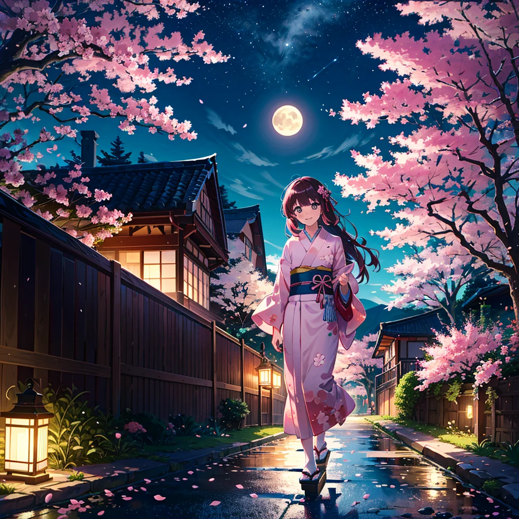 pink_kimono,cherry_blossoms,walking,smile,tabi,geta,night,moonlight,stary_sky,light_up,path,long hair rion akagami,