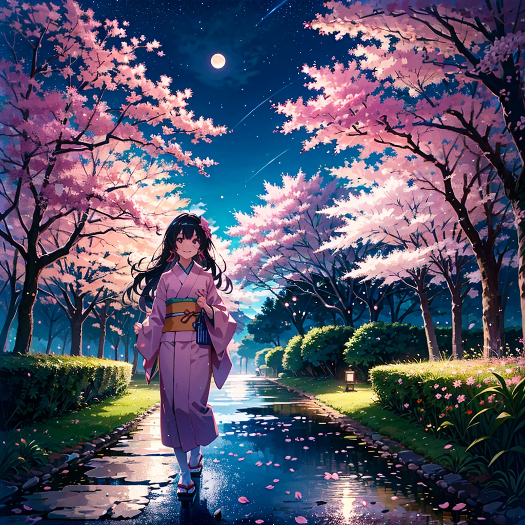 pink_kimono,cherry_blossoms,walking,smile,tabi,geta,night,moonlight,stary_sky,light_up,path,long hair rion akagami,