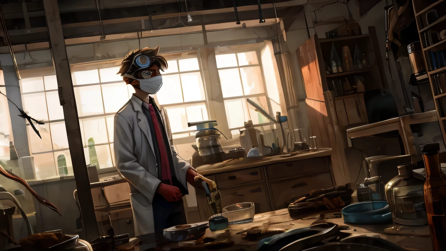 Character Name: Rot-kun
Appearance:
Age: Around 10 years old boy
Gender: Male
Clothing:
Dirty lab coat
Gloves
Mask
Goggles
Features:
Head:
Messy hair with some parts resembling mold
Mushrooms growing on head
Body:
Flies buzzing around
Parts of the body have a decaying texture
Long and thin limbs, giving an eerie vibe
Personality:
Pure and curious
Enjoys decaying things around him
A bit cheeky
Poses:
Smiling eerily
Reaching out with hands as if to decay something
Gazing happily at rotten food
Conducting experiments in a laboratory-like setting