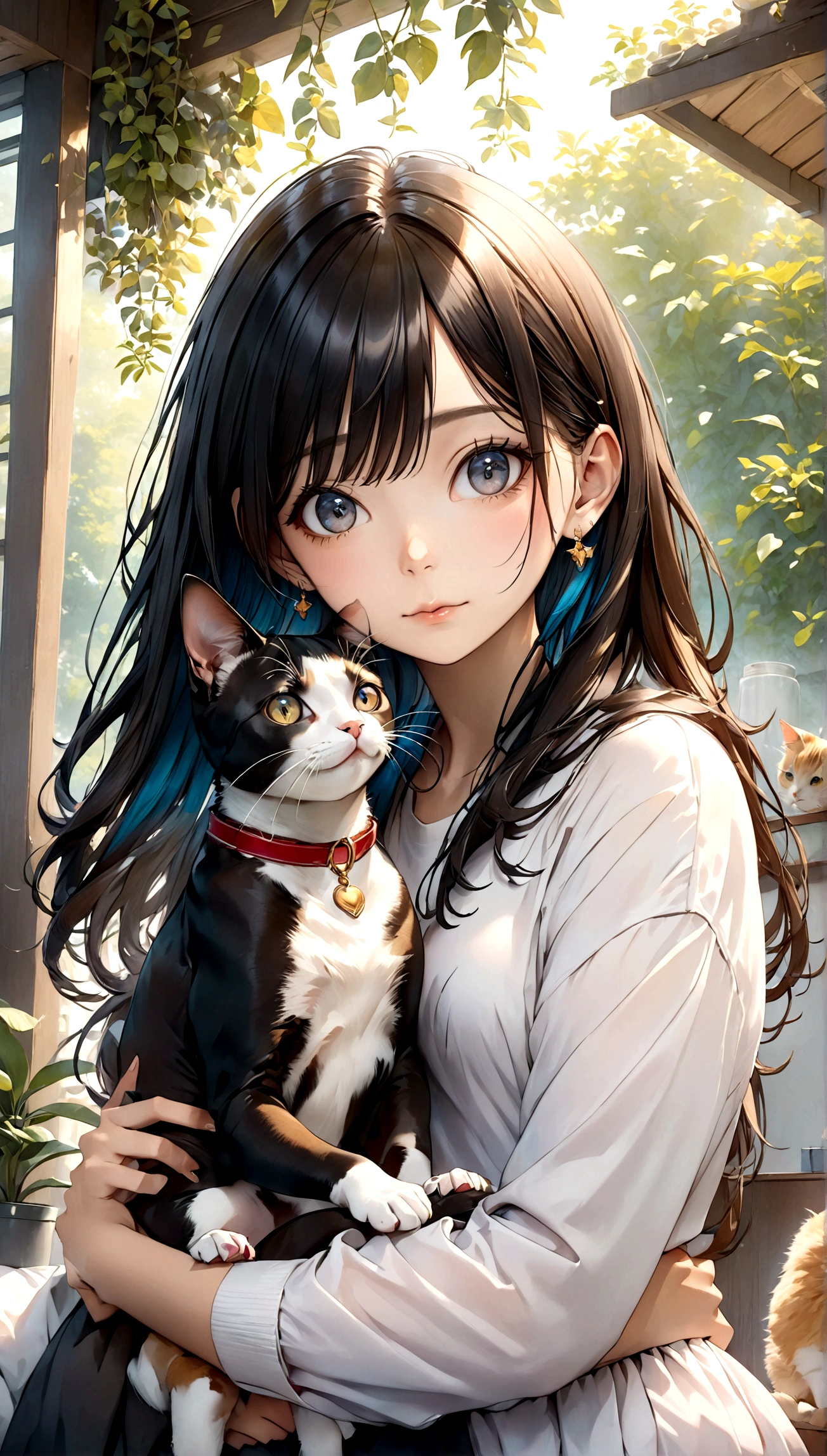 8K portrait of a beautiful young woman in a J-POP style, feeling relaxed while taking care of her pet, extremely detailed, high quality, ultra-high resolution, photorealistic, masterpiece, cinematic composition, trending on ArtStation