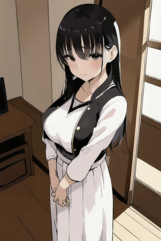 Korean 60 year old female, In the living room, White blouse、black long skirt, Edo Soichiro Yamamoto Art Style 、Huge breasts、from the front、From above、Are standing