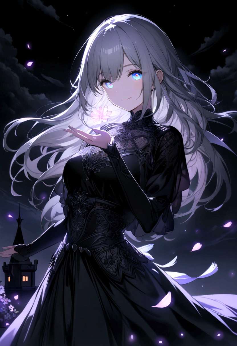 masterpiece, Highest quality, One girl, (colorful),(Delicate eyes and face), volumatic Light, Ray Tracing, Bust Shot ,Highly detailed CG Unity 8k wallpaper,alone,smile,Complex skirt,((Flying petals)),(Flowery meadow) null, cloudy_null, moonLight, moon, night, (Dark Theme:1.3), Light, Fantasy, the wind is strong, Magic Spark, Dark Castle,Gray Hair