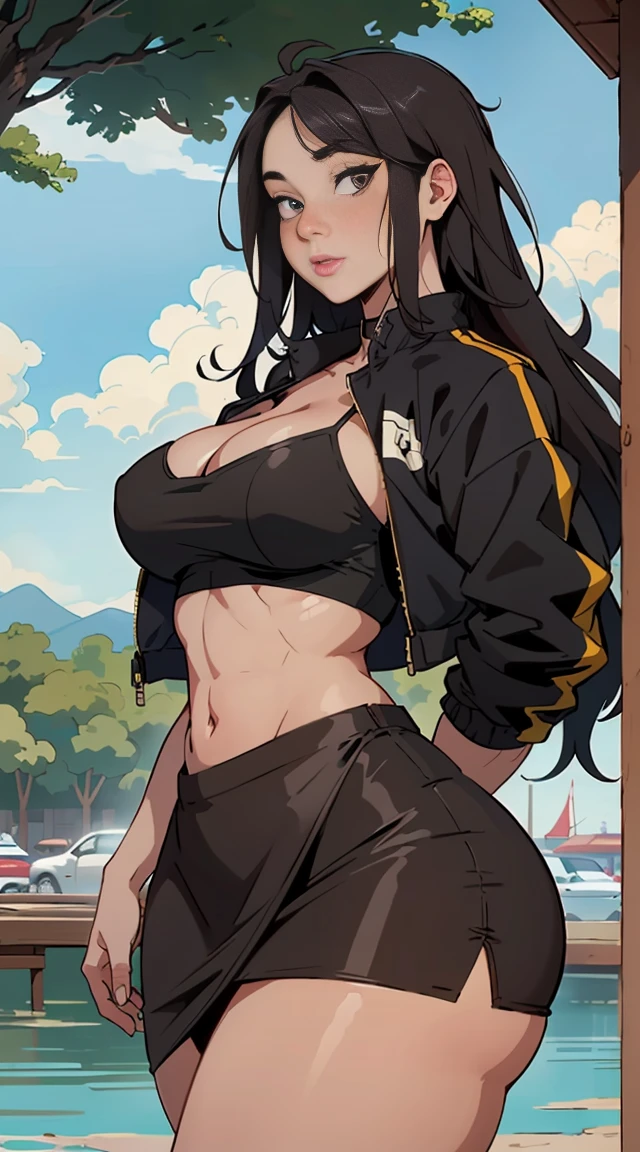 victoria, kitsch, solo, voluptuous thicc body, long hair, jacket, outdoors, crop top, large breasts, cleavage, midriff, slim waist, thick thighs, large hips, micro skirt, specular highlights, side lighting, detailed face, detailed eyes