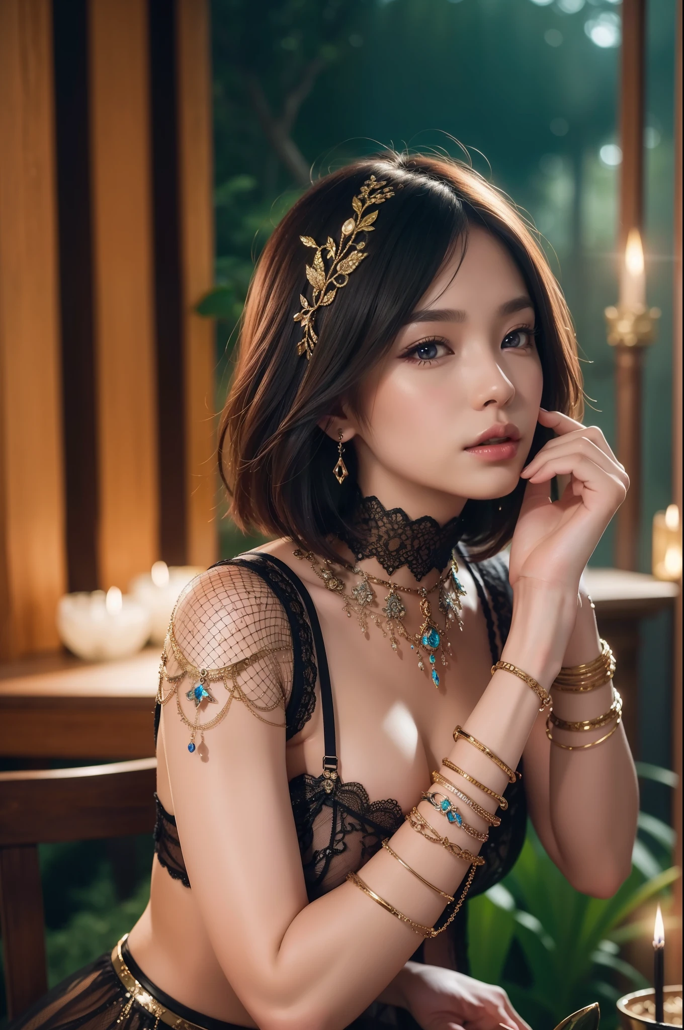 a sexy Thai model with colorful short hair, shiny sparkling dark magic forest background, sparkling poisoned enchanted flower costume, fishnet tights, skull hair accessories, controls poison, secret poison, (best quality,4k,8k,highres,masterpiece:1.2),ultra-detailed,(realistic,photorealistic,photo-realistic:1.37),vibrant colors,dramatic lighting,cinematic,hyper detailed,intricate details,fantasy art,digital painting