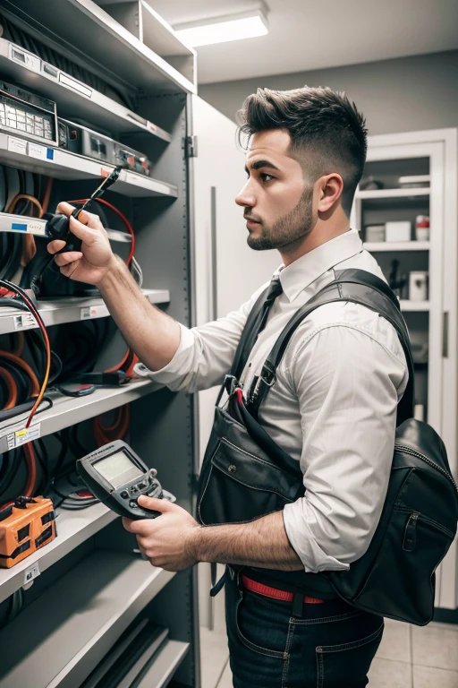 "Detailed drawing of a male electrician holding a multimeter in one hand and a tool bag in the other, while examining an electrical panel."