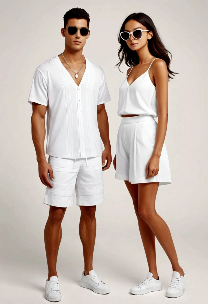 candid fashion illustration of young man and woman, both aged 20 year old, ((showcase fashion in a White cotton-rayon outfits)), inspired by JACQUARD's spring-summer collection in elegant luxury style, The man wears an oversized short-sleeved white shirt with a sporty details, paired with relaxed-fit white Sports Shorts with semi hard bulge, He completes his look with white sneakers and sunglasses. The woman complements him in Ankle-length dress in white, featuring a deep V-neckline and spaghetti shoulder straps, with Gathered detail tiers down the skirt and hem, Her ensemble includes an accessorizes white sneakers and full of necklace. Captured in a low angle, ((full-body image)), (full-body pose)), ((paper material background)), realistic charcoal lines, imperfect drawing, charcoal lines, fading sketch, quick Sketch, (Eddie Mauro-mix),