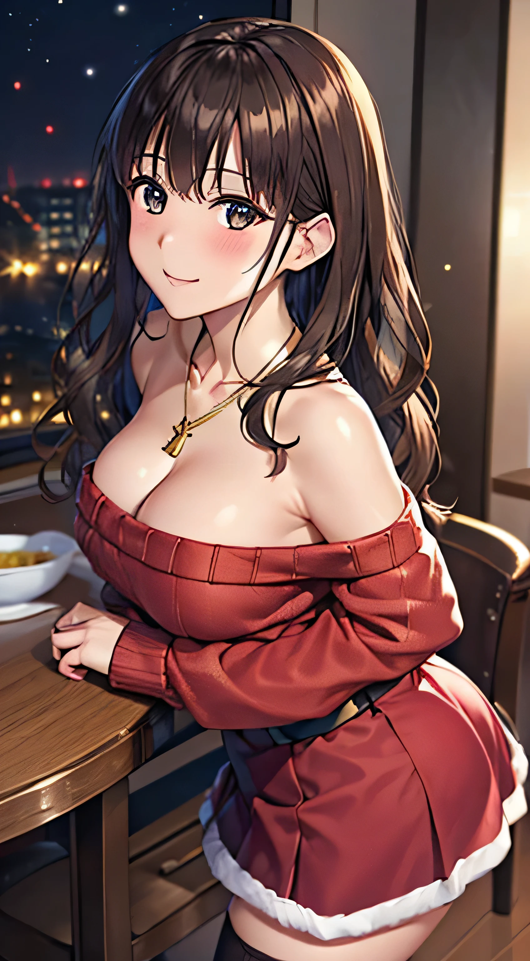 ((Tabletop, Highest quality, High resolution, , Pixel Perfect, 4K,))), 1 female, 、The whole body is visible、 ((Long Wavy Hair, bangs, Brown Hair)), ((Brown eyes, Beautiful eyelashes, Realistic eyes)), ((Detailed face, Blushing:1.2)), ((Smooth texture:0.75, Realistic texture:0.65, Realistic:1.1, Anime CG Style)), Medium sized breasts, Dynamic Angle, Perfect body, (( , , Santa Claus Costume、Off-the-shoulder sweater、No bra、、 flare skirt、Black Stockings、、)), Gold Hair Ornament、Cross Necklace、、Very embarrassing panic smile, 、、、、、Leaning forward、Nipples are slightly visible、Sideboob、、Put your hands on the table、、Stick your butt out、Luxury apartment kitchen、、、、、、 、)、