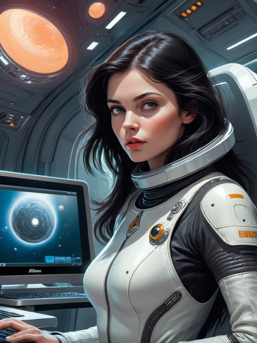 An ardent depiction of a youthful Slavic female embodied in exquisite realism, her dark hair contrasting against her sleek spacesuit. She is aboard a luminous futuristic spaceship, encapsulated by a myriad of levitating felines. Borrowing from the energetic and adventurous vibe specific to sci-fi comic books, the scene exudes a vibrant dynamism. The spaceship expresses its identity through a large insignia, 'NEOFLEX'. Adding a whimsical touch is a festively adorned Christmas tree in the backdrop. The girl expertly maneuvers a laptop, also donned with 'NEOFLEX', epitomizing her astute programming skills. The wide encompassing view, analogous to that captured by a wide-angle Nikon D850, immerses the viewer in this captivating space odyssey.