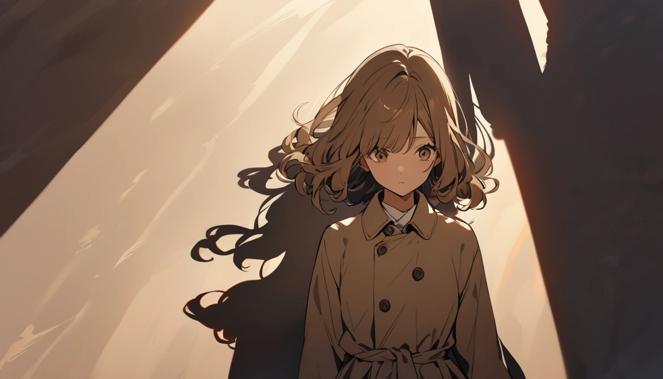 Shadows of a girl and a man with brown, wavy bob hair wearing a dark beige coat