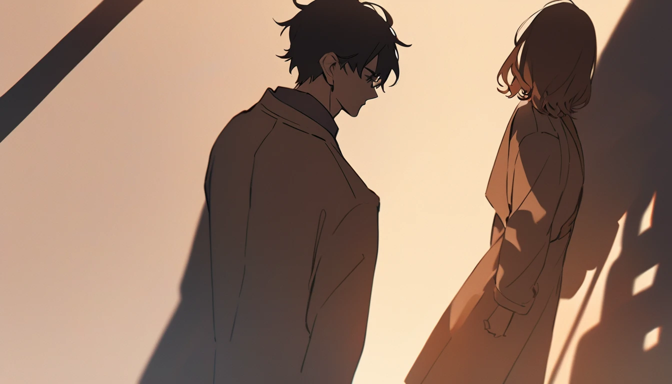 Shadows of a girl and a man with brown, wavy bob hair wearing a dark beige coat