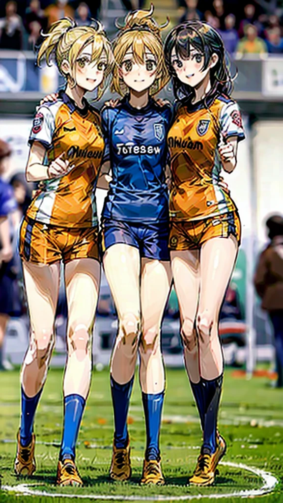 three woman,group shot,squat,open legs,torn uniform,background soccer field,orange color