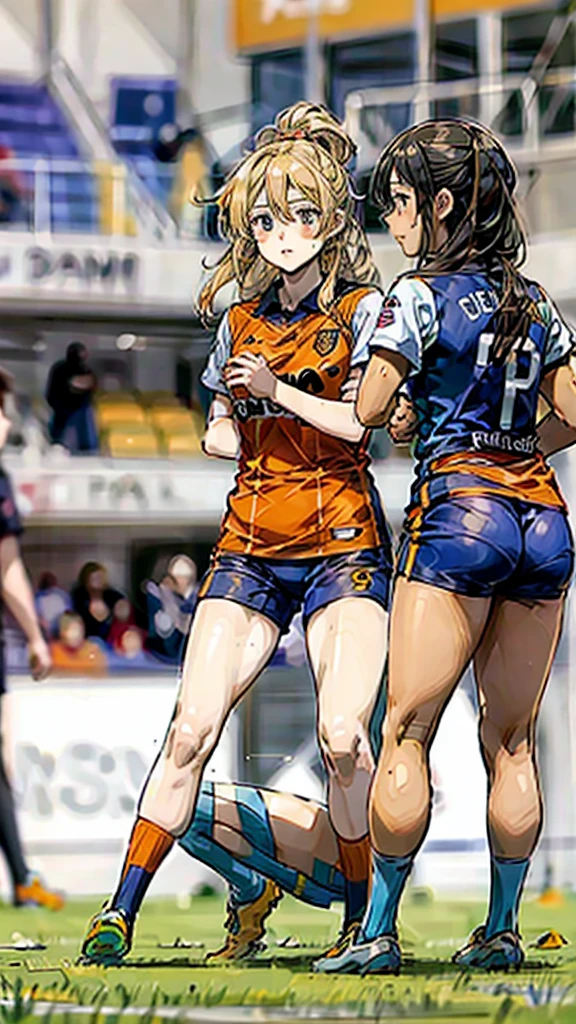 three woman,group shot,squat,open legs,torn uniform,background soccer field,orange color