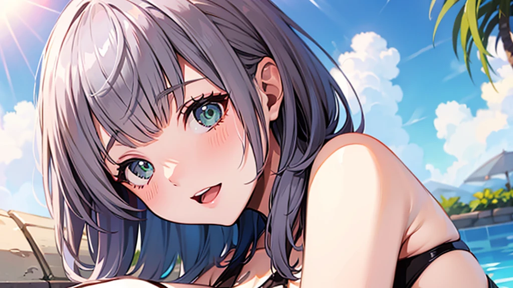 (masterpiece, Highest quality, Super detailed),One girl,((super fine illustration)),((cute eyes,highly detailed skin)),((smile)),((well endowed,Blessed,Captivating body、Detailed Background))、(Poolside sun、vacation、Tropical)、(Sleeping on a lounger:1.2)、(glossy skin:1.2)、(sweat, blush, narrow eyes, open mouth), (pov hands:1.5), (face full of joy:1.3), (比基尼:1.3),sideboob,