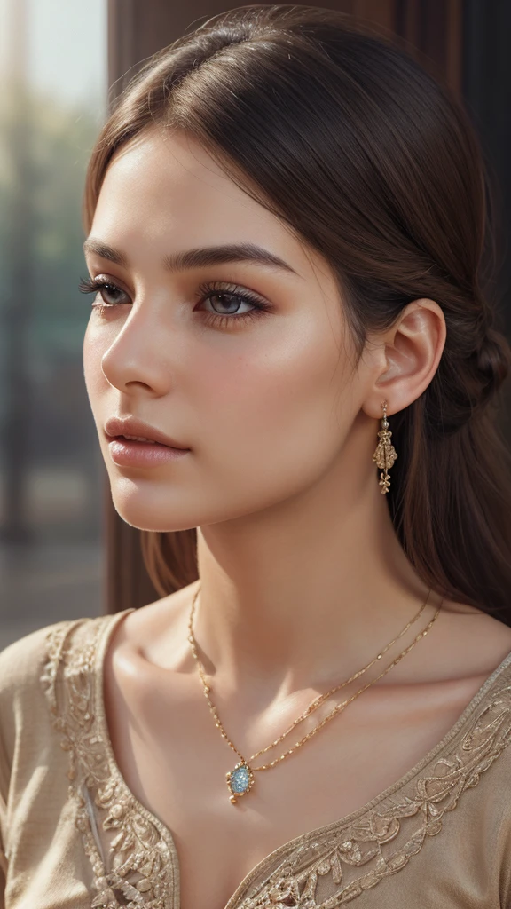 a beautiful girl, intricate detailed face, beautiful eyes, long eyelashes, delicate facial features, flawless skin, elegant hairstyle, serene expression, calm demeanor, detailed clothing, intricate jewelry, natural lighting, warm color palette, photorealistic, 8k, ultra-detailed, high resolution, masterpiece, digital art, concept art, realistic, portrait
