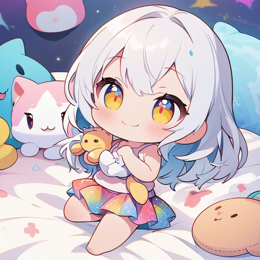 masterpiece、Highest quality、Depth of subject、((2D illustration))、1 beautiful girl、((colorful))、(((chibi style)))、((Long, beautiful hair))、Bright silver hair、ribbon、cute、Beautifully detailed eyes、Tank top、((mini skirt))、(((vivid color))、((bed))、stuffed toy、((full body shot))、((Very happy face))、((baby cat))、((There's a lot of pink around))、((Lens flare))、White light is shining、Sunbeam、My whole body was filled with light、Cinematic lighting、Full body lighting