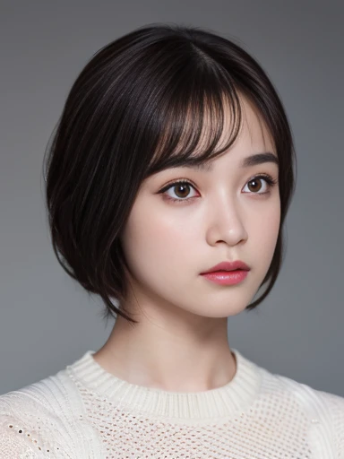 (Representative works: 1.3), (8K, Realistic, RAW Photos, Best image quality: 1.4), (20-year-old female),Small face, Beautiful Face, (Realistic Face),No makeup、Natural Makeup、light makeup、 (Dark brown, short hair: 1.3 Beautiful hairstyle, Realistic eyes, Beautiful attention to detail, (Photorealistic Skin), Beautiful Skin, (sweater),、Bust B cup、 Confused, charm, High resolution, Ultra-realistic, High resolution, Golden Ratio,, Gray background、