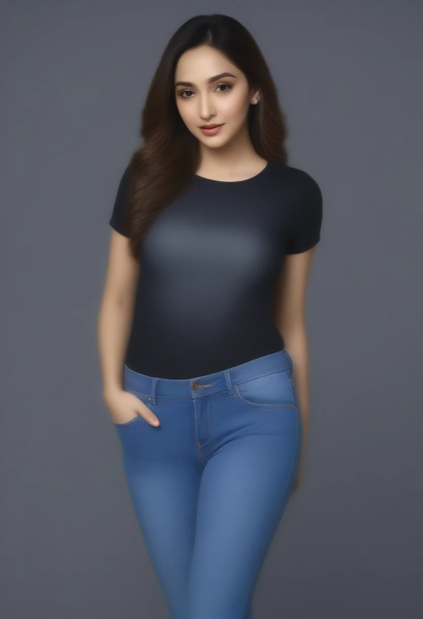 ((best quality)), ((masterpiece)), (detailed), (kiara advani ) , wearing short sleeves black printed t-shirt  and blue jeans , ( handcuffed behind back  )