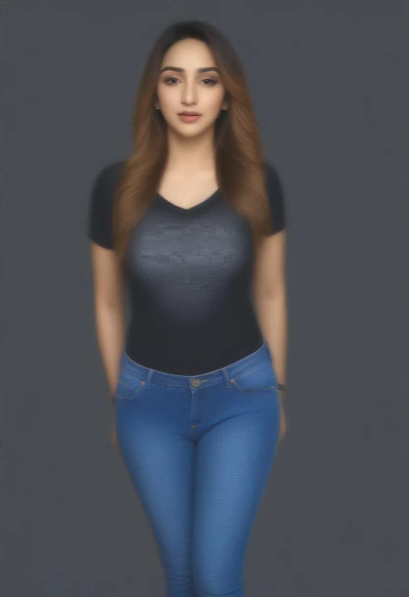((best quality)), ((masterpiece)), (detailed), (kiara advani ) , wearing short sleeves black printed t-shirt and blue jeans , ( handcuffed behind back )
