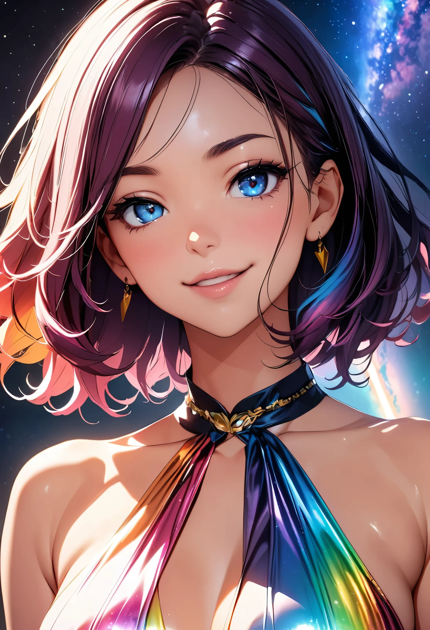A woman wearing a shooting star dress, (((1 Girl))), JK, thin film interference, Rainbow Dress, Sheer dress, Shine bright, Sexy curves, Colorful hair colors, Glossy, Lips slightly open, Sigh, Mischievous Smile, Shiny Hair, Beautiful Skin, Detailed face and eyes, Glossy Lips, Cinematic, Bright colors, Intricate details, Chiaroscuro lighting, milky way, Starry sky background, Light and shadow with attention to detail, Background Blur, (Highest quality:1.24, Very detailed, Delicate and beautiful CG art, Detailed illustration, High detail, masterpiece:1.2, Highest quality, Best aesthetics).