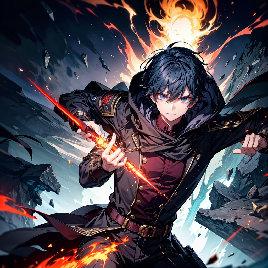 ((Highest quality)), ((masterpiece)), (detailed),
Create an intense battle scene between two characters, Kai and Magnus. Kai is a young male high school student with short black hair, dark blue eyes, and a moderately muscular build. He wears a simple white shirt and dark trousers, and is holding a knife in a ready position. His face has a few small blood splatters, and he has a determined yet calm expression, with a slight smile.
Magnus is a sinister dark mage with a menacing appearance. He has sharp, glowing eyes, and is clad in a tattered black robe adorned with ancient magical runes. His face is partially hidden by a hood, and he wields a staff topped with a glowing red gemstone, from which flames emanate. His posture is slightly hunched, adding to his eerie presence.
Background: Set in a dark, eerie forest or a ruined ancient temple, with shadows and flickering lights enhancing the ominous atmosphere. Include elements like burning trees, shattered stone structures, and magical symbols glowing on the ground.
Action and Expression: Kai lunges forward, knife gleaming, with a fierce and focused expression. Magnus retaliates by raising his staff, flames bursting forth. Their movements should be dynamic and fluid, capturing the intensity of the battle. Kai's slight smile should reflect his confidence and readiness, while Magnus's eyes should glow with malicious intent, his expression twisted in a wicked grin.
Additional Details: The background should complement the intense battle, with dramatic lighting and shadows that highlight the fierce conflict. Embers from the flames and glowing magical runes should add to the sense of motion and danger. The overall scene should be charged with energy, capturing the high stakes and relentless action of the fight.