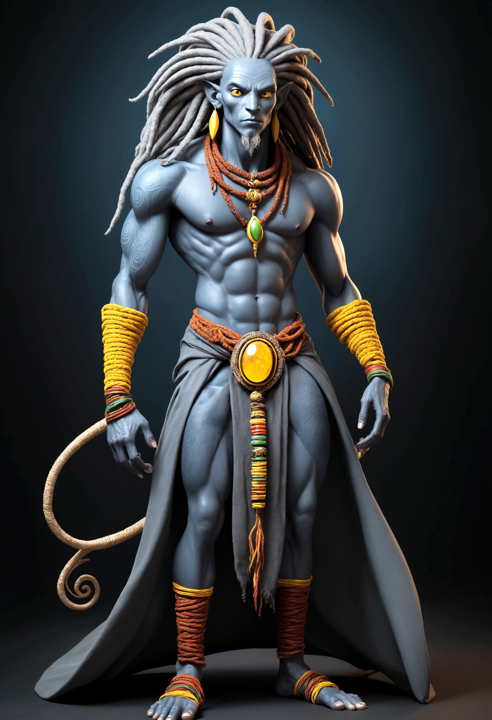 full body view with depth An epic a scaly skin,Rasta style hair out there, he wears a cord with mystical symbols, female sex a woman with old breasts illustration of a dark Entity. A tall humanoid muscular figure with unusual features such as white, plaster-like skin, slit mouth, no hair, slanted and larger-than-normal yellow eyes, and large, pointed ears, slender and strange, wearing blueish grey clothing.