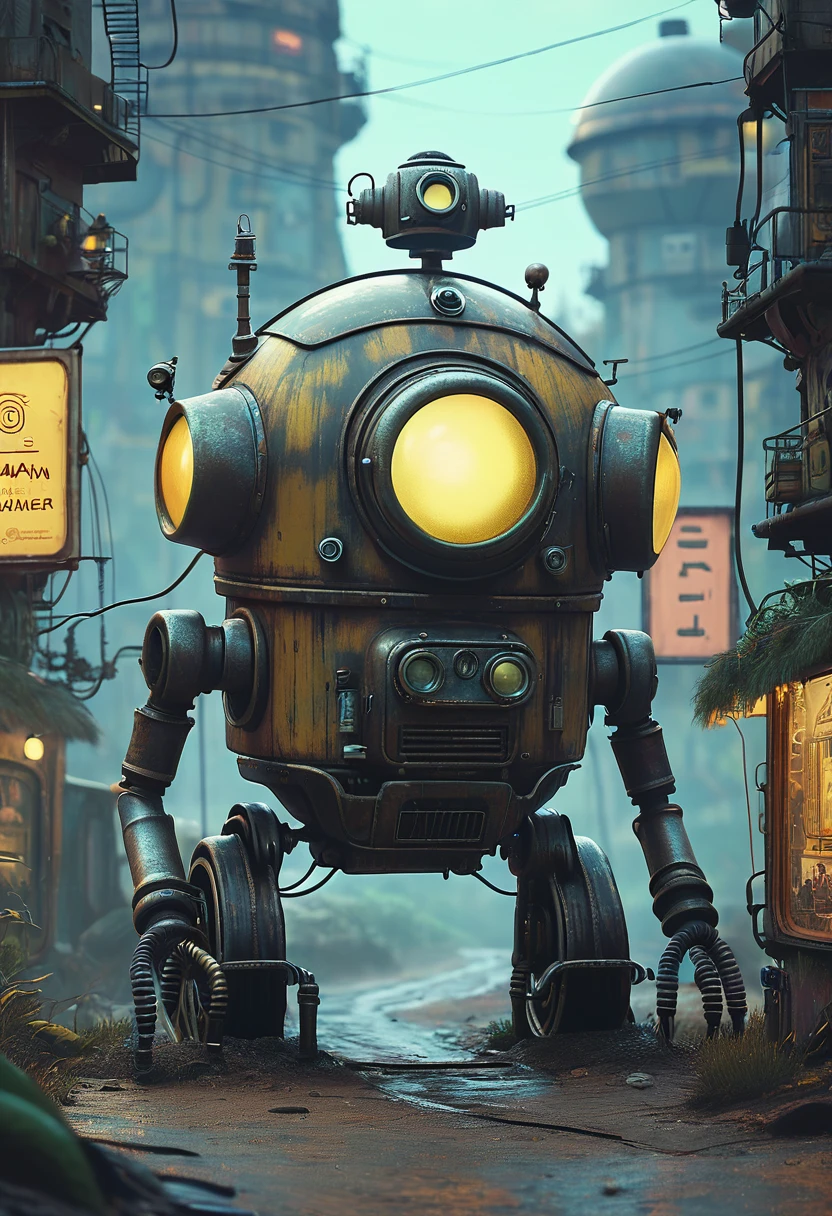 Machinarium by Simon Stalenhag, fantasy, matte painting, beautiful, highly detailed, dynamic pose, cinematic, centered, intricate, hyperrealistic, concept art, photorealistic, octane render, 35mm film grain, bokeh, unreal engine render, illustration, trending on artstation