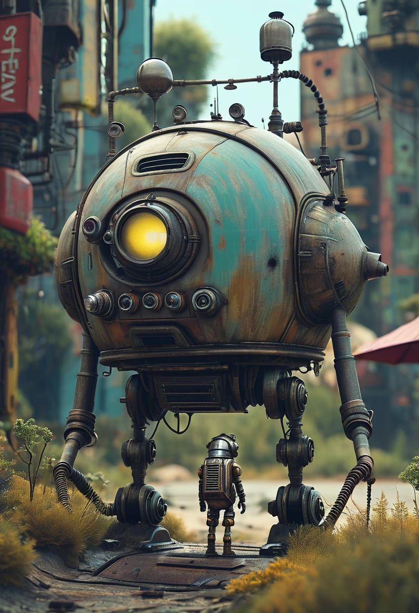 Machinarium by Simon Stalenhag, fantasy, matte painting, beautiful, highly detailed, dynamic pose, cinematic, centered, intricate, hyperrealistic, concept art, photorealistic, octane render, 35mm film grain, bokeh, unreal engine render, illustration, trending on artstation