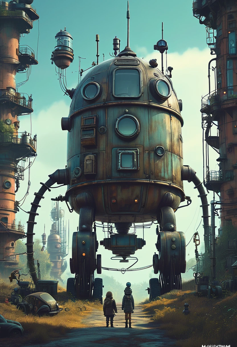 Machinarium by Simon Stalenhag, fantasy, matte painting, beautiful, highly detailed, dynamic pose, cinematic, centered, intricate, hyperrealistic, concept art, photorealistic, octane render, 35mm film grain, bokeh, unreal engine render, illustration, trending on artstation