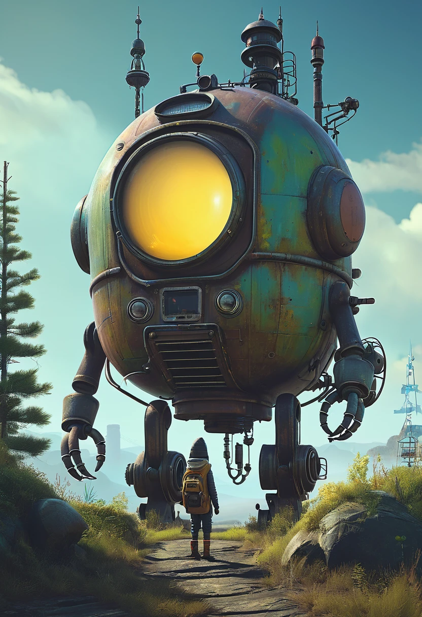 Machinarium by Simon Stalenhag, fantasy, matte painting, beautiful, highly detailed, dynamic pose, cinematic, centered, intricate, hyperrealistic, concept art, photorealistic, octane render, 35mm film grain, bokeh, unreal engine render, illustration, trending on artstation