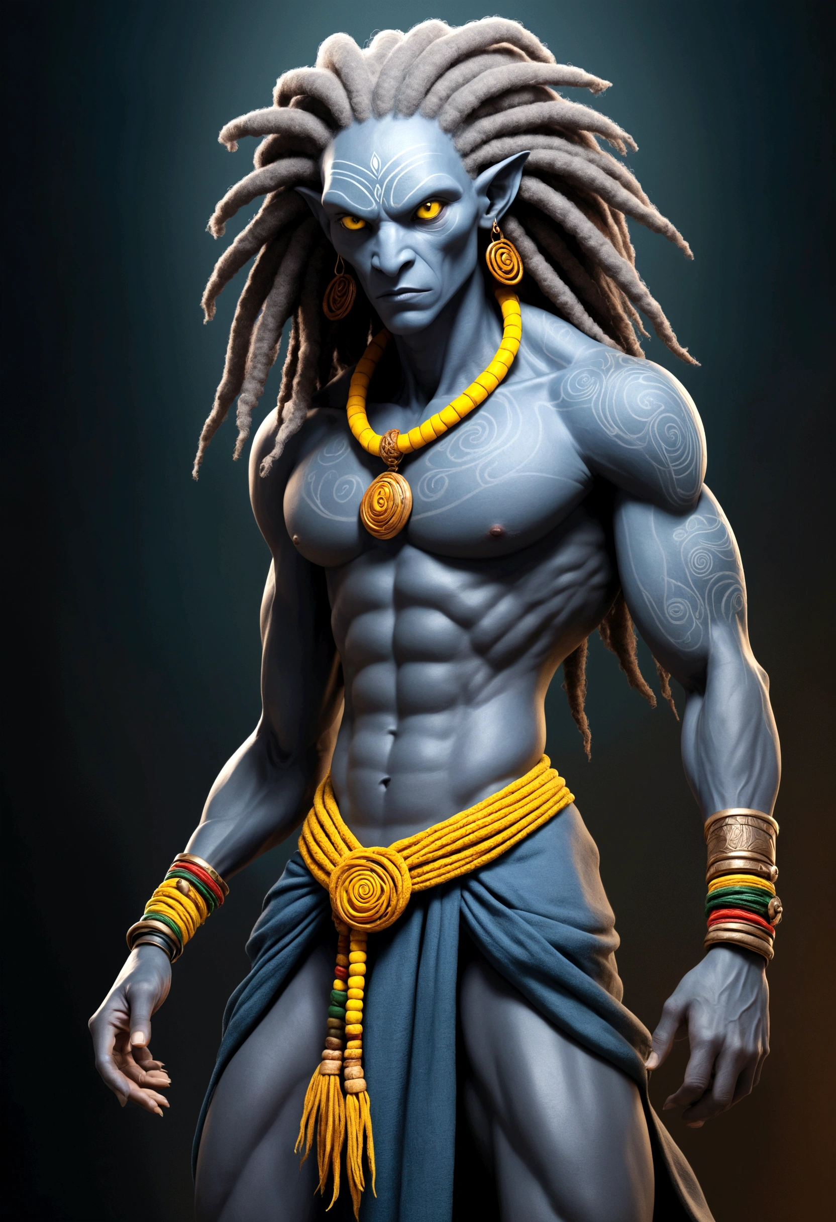 full body view with depth An epic a scaly skin,Rasta style hair out there, he wears a cord with mystical symbols, female sex a woman with old breasts illustration of a dark Entity. A tall humanoid muscular figure with unusual features such as white, plaster-like skin, slit mouth, no hair, slanted and larger-than-normal yellow eyes, and large, pointed ears, slender and strange, wearing blueish grey clothing.