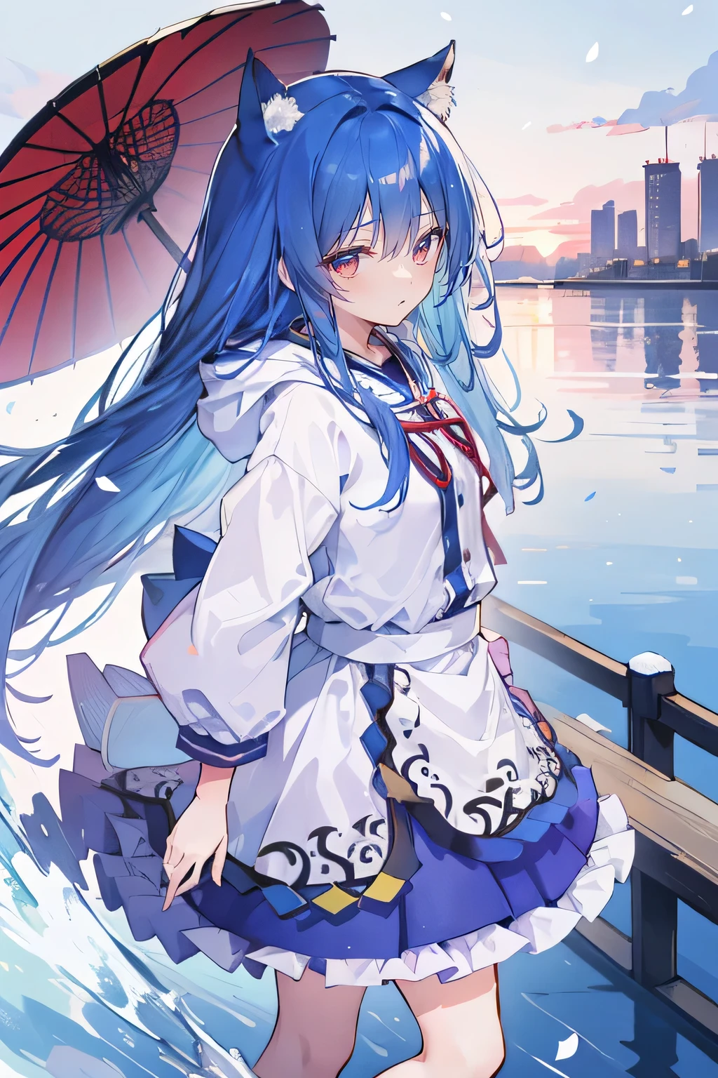 (masterpiece:1.2),Super detailed,lifelike,Expressive eyes,fair skin,perfect face shape,1 girl,
Japanese comics,Gorgeous blue hair,flowing blue hair,flowing clothes,Cat ears,Petals fall,beautiful lola,Baby Angel,sunrise,
Shaking head with one hand,Cross your legs,Gentle and peaceful background,The pavilion is cool and comfortable,smile, wearing hoodie, background of tokyo,back views,snowing, winter,seaside,wet clothes,A smile,A faint smile,。