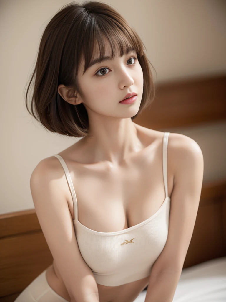(8K, RAW Photos, Highest quality, masterpiece:1.2), (Realistic, photo-Realistic:1.4), (非常に詳細な 8K 壁紙), Famous Japanese Idols, 20 year old girl, Korean Model, Narrow Face, Detailed face, Perfect female body, (((A well-shaped bust with C cup tips pointing upwards))), Toned Up, Medium Short Hair, Messy Hair, Blunt bangs, Light brown hair, camisole, Happiness like a goddess,