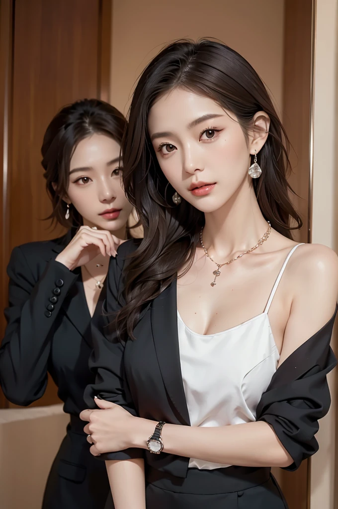 necklace, ring, watch, Earrings, (funeral:1.3), skirt, Black formal suit, whole body, slender, 40 year old Japanese, woman, Beautiful face, Are thin, Highest quality, Ultra-high resolution, (realism: 1.4), Depth of written boundary, Beautiful Face, (Purelos Face_v1: 0.8), Two people, Natural Makeup,