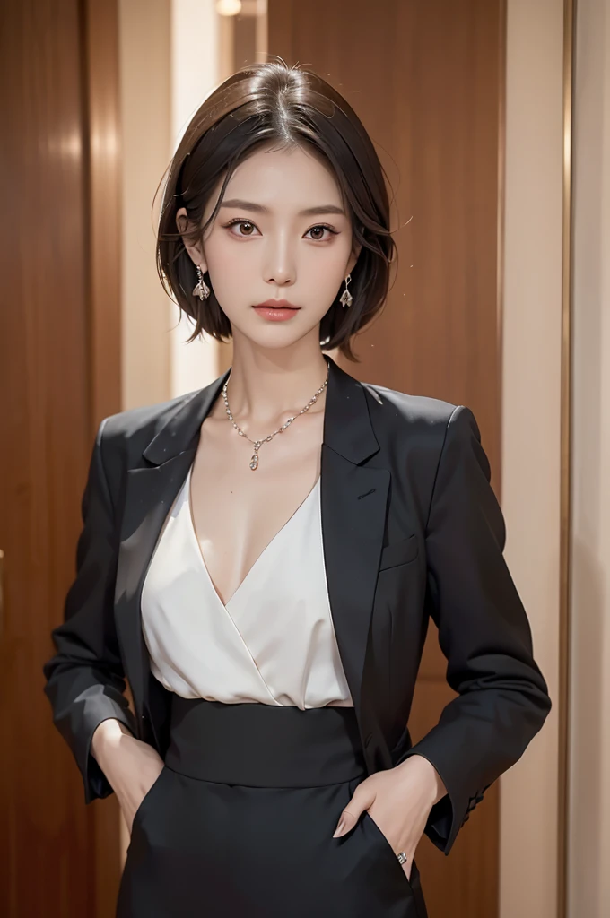necklace, ring, watch, Earrings, (funeral:1.3), skirt, Black formal suit, whole body, slender, 40 year old Japanese, woman, Beautiful face, Are thin, Highest quality, Ultra-high resolution, (realism: 1.4), Depth of written boundary, Beautiful Face, (Purelos Face_v1: 0.8), Two people, Natural Makeup,