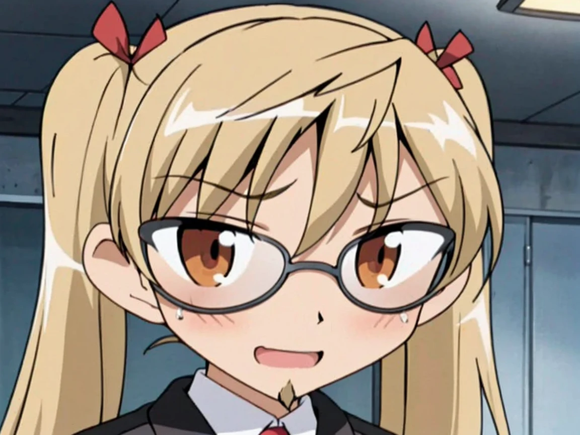 1boy and 1 girl, harimakenji, glasses, mustache, beard, hairband, looking_at_viewer, serious, gakuran, white_shirt,chibi,cute,smile,happy,1 girl,long hair ,blonde hair，portrait,twintail,sawachika eri, twintails, long hair, blonde hair, brown eyes, hair ribbon，chibi,cute,angry, hair ribbon,school uniform, red pleated skirt,sad,cry