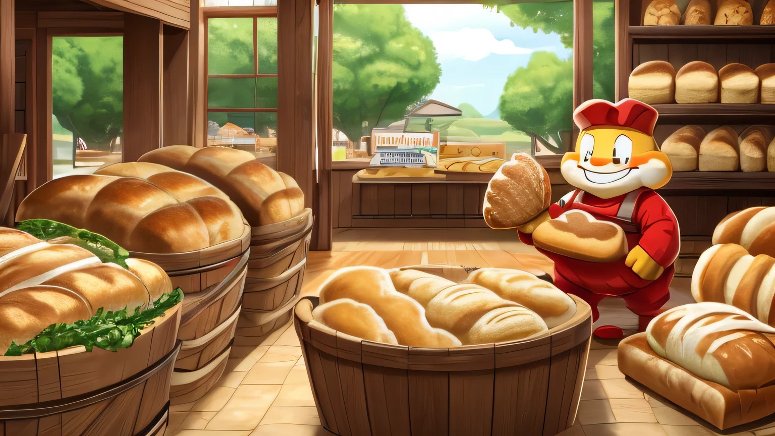A bright, sunny bakery. In the center stands Furan-kun, an Anpanman-style character. His body is made of delicious bread dough, but it's covered in patches of green mold, showing signs of fermentation. He has a smiling face, but his eyes are empty and lifeless.
Various breads and foods are placed around Furan-kun, but they are all fermenting, with bubbles and mold growing. The bread is so swollen it's about to burst, and the jam has turned a strange color. Yet, Furan-kun smiles happily, deeply inhaling the aroma of fermentation.