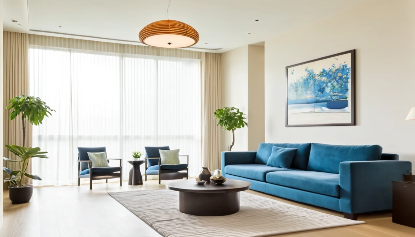 Describe a luxurious modern Japanese-style living room setting. The room is located in a high-end condominium and features a stylish kitchen with a sleek, modern coffee table and a high-tech coffee maker. The walls are adorned with a beautiful painting on a poster-style frame, and there are white cushions and a blue sofa to create a cozy atmosphere. The room is illuminated by a pendant light, and the windows have white curtains with natural light streaming in. The room also features a potted plant and a bright, sunny morning. Please provide a detailed description with a resolution of 16,000 pixels, with a focus on creating a beautiful, serene environment.