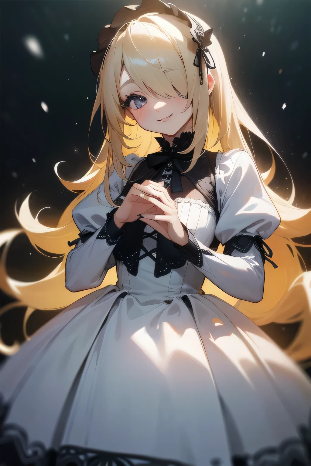 ((masterpiece)), (Anime:1.3), ((Best quality)), (Professional photography:1.3), (super detail:1.2), (A high resolution:1.3), (12 years), 8 k, lens flare, wide shot, Textured leather, Cinematic lighting, 1 girl, ((Beautiful snow-white dresses in the Gothic ta style)), (very ring dress), Luxurious embroidery of roses, cute innocent young girl, (hair over one eye), Slender and , (long silky blonde hair), (Gothic Loliakeup), beautiful hair, (smile of ecstasy), (cute glitter), (Healthy body), ((I&#39;m sitting on the ruins)), light particles, (Rose petals are scattered), (sharp focus), (Perfect light),